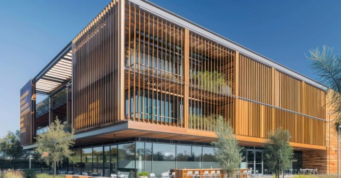 Building exterior facade cladded with metal sun louvers