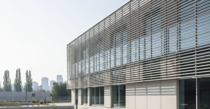 Modern façade with Alubreeze aluminium louvers for sunshade and ventilation.
