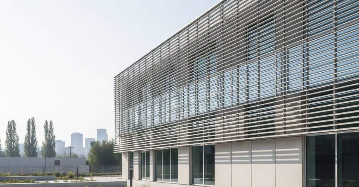 Modern façade with Alubreeze aluminium louvers for sunshade and ventilation.