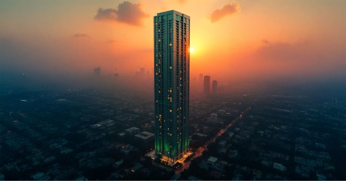Tall modern building with Aludecor façade shining at sunset