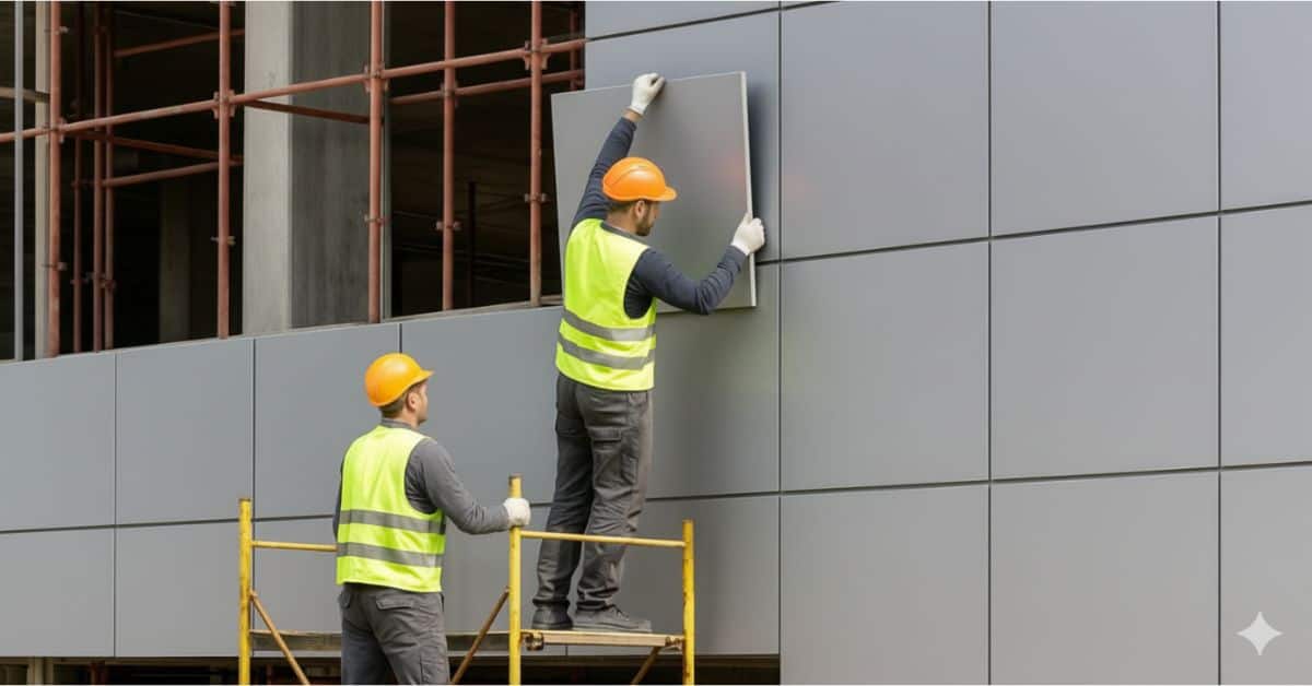 Construction workers installing aluminium composite panels on a building façade following proper ACP installation techniques to ensure durability and precision.