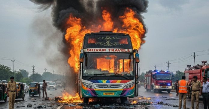 Burning bus on a busy road