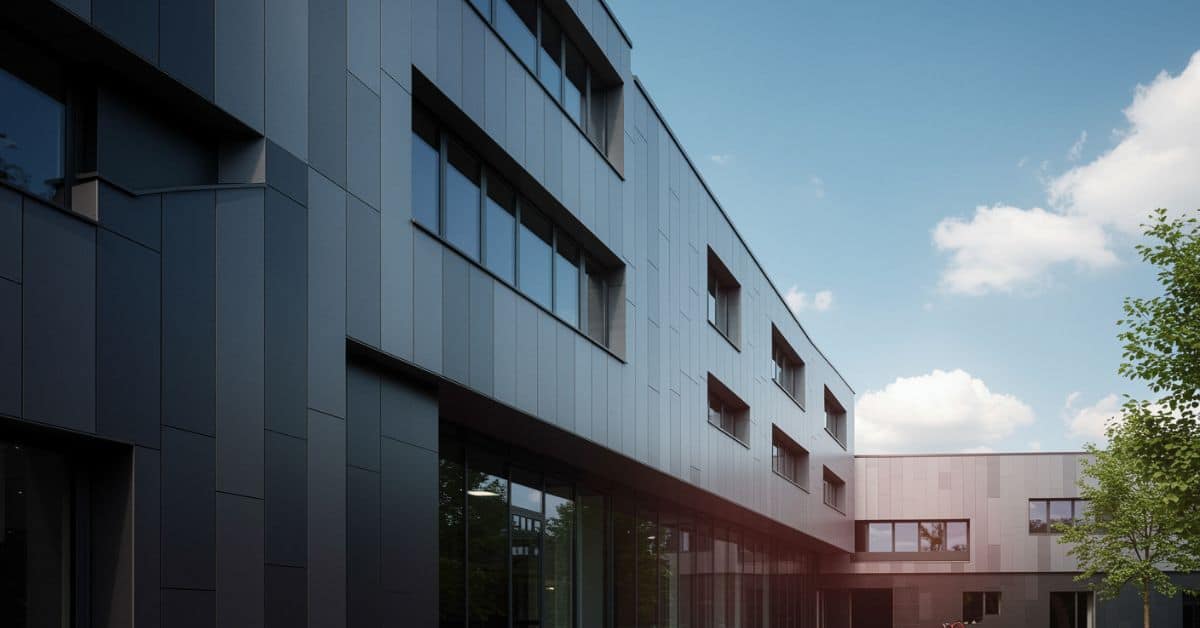 Modern architectural facade showcasing durable anodized aluminium panels with a uniform metallic finish