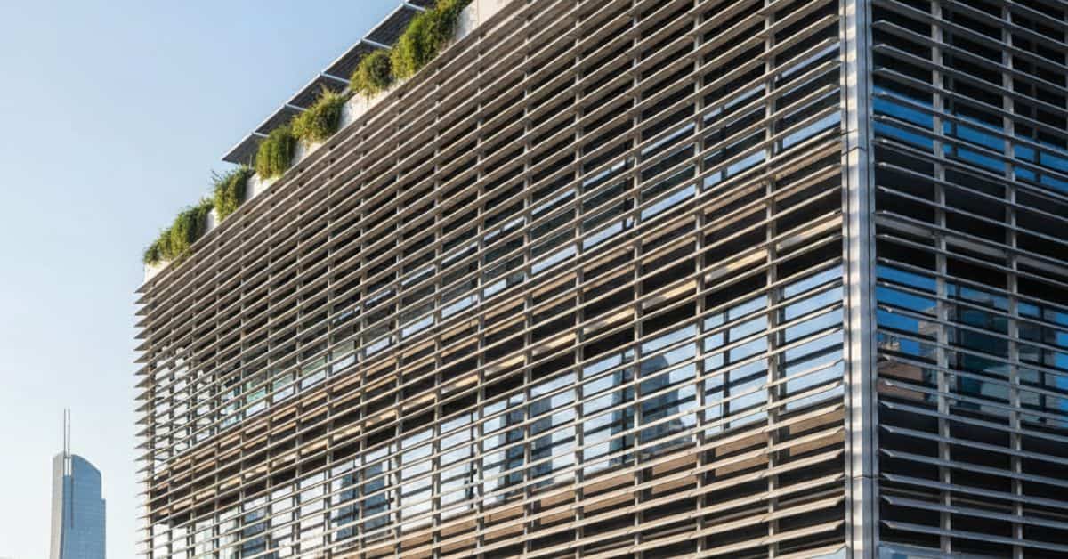 Modern building with Alubreeze aluminium metal louvers designed for smart sun control