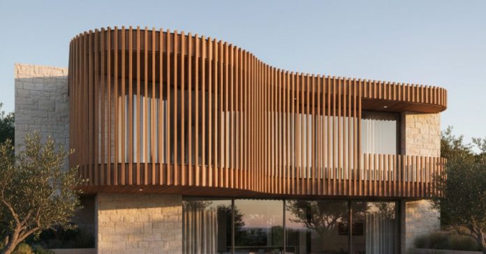 Modern home with curved vertical louvers providing shading and privacy