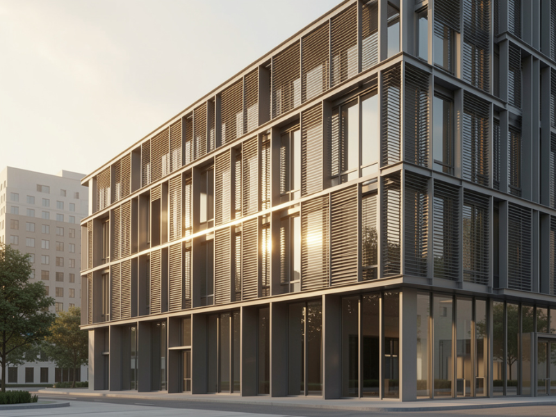 Architectural louvers with integrated lighting create a warm, ambient glow—enhancing façade depth while delivering a refined, premium night-time presence.